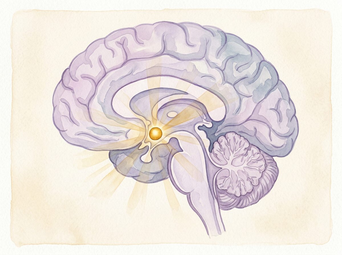 Watercolor illustration of a midline brain cross-section. A small golden sun radiates light from deep in the center, just above the optic chiasm, marking the location of the suprachiasmatic nucleus, the body's master circadian clock.